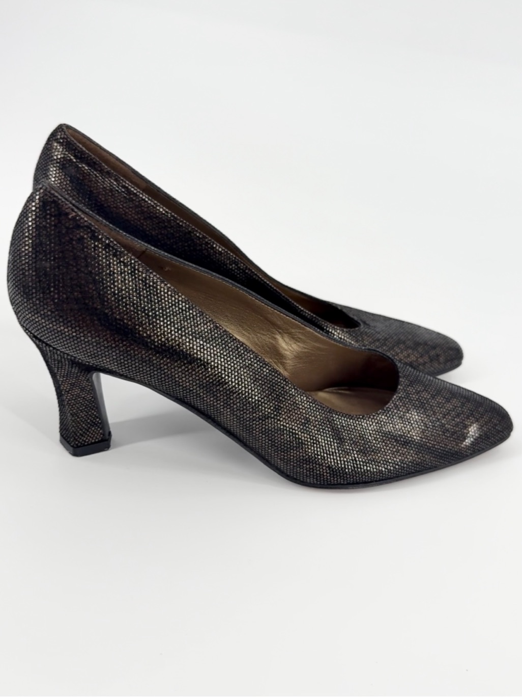 Stuart Weitzman Python Embossed Square Toe Pump | Black / Bronze | 7.5